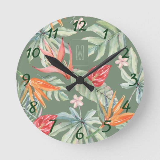 Horloge Ronde Imaginaire de feuillage de fleurs tropiques avec M (Recto)