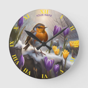 Horloge Ronde Imaginaire Mignonne Robin Fleurs de neige
