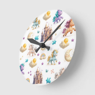 Horloge Ronde Imaginaire Whimsical Pastel Unicorns et Châteaux