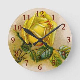 Horloge Ronde Impression d'art antique de rose jaune fin