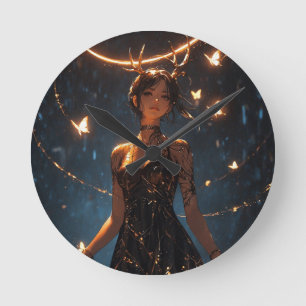 Horloge Ronde Impression d'art de la fille aux bois de cerf myst