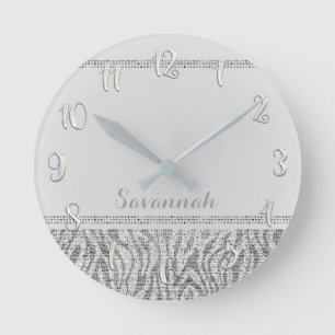 Horloge Ronde Impression zèbre blanc argenté glamour sequins pai