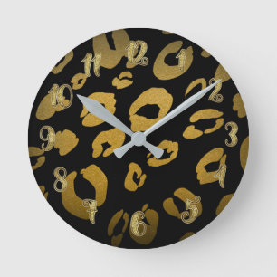 Horloge Ronde Imprimé Animalier Léopard Guépard Noir & Or