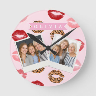 Horloge Ronde Imprimé léopard rose chic personnalisé motif de lè