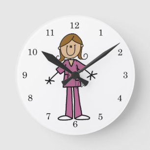 Horloge Ronde Infirmière Stick Figure Peau Moyenne Féminine