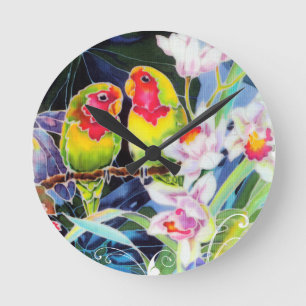 Horloge Ronde Inséparables colorés et orchidées Imprimerie tr