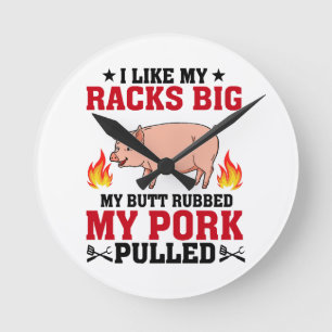 Horloge Ronde J'aime Mes Racks Big BBQ, Citation Porc Fessier