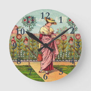 Horloge Ronde Jardin Cultivation Flower Woman Art Antique