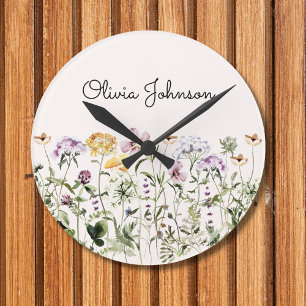 Horloge Ronde Jardin de fleurs sauvages personnalisé