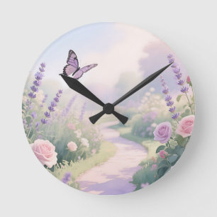 Horloge Ronde Jardin de roses lavande de rêve Allée des papillon