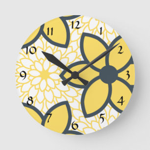 Horloge Ronde Jaune, blanc et charbon de bois Floral moderne