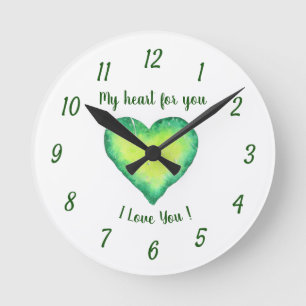 Horloge Ronde Je t'aime mignon Coeur Vert et Bleu Anniversaire