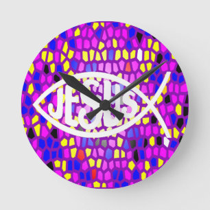 HORLOGE RONDE JÉSUS POISSON ICHTHYS VERRE STAINÉ VITRE PURPLE