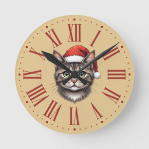 Horloge Ronde Joli chat de Noël avec chapeau de Père Noël chiffr
