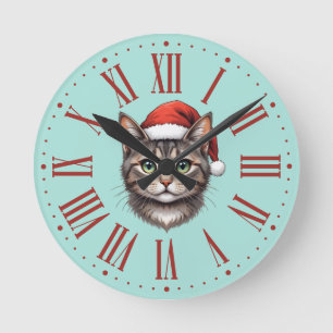 Horloge Ronde Joli chat de Noël avec chapeau de Père Noël chiffr
