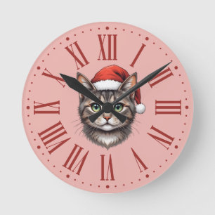 Horloge Ronde Joli chat de Noël avec chapeau de Père Noël chiffr