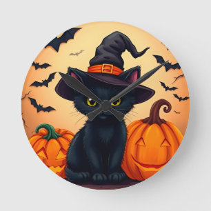 Horloge Ronde Joli chat noir avec un chapeau de sorcière entouré