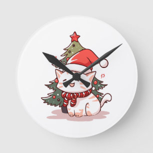 Horloge Ronde Joli chat portant un chapeau de Père Noël près d'u