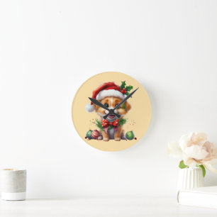 Horloge Ronde Joli chiot de Noël avec le chapeau de Père Noël et
