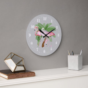 Horloge Ronde Joli décor de flamant rose rose plage Grande Horlo