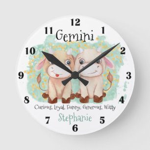 Horloge Ronde Joli Gemini Twins Aquarelle Bull Zodiac Monogramme