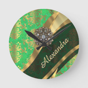 Horloge Ronde Joli modèle personnalisé girly vert damask modèle