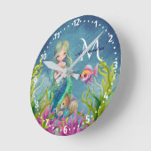 Horloge Ronde Joli monogramme prénom aquarelle sirène (Angle)