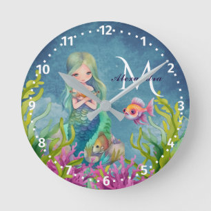 Horloge Ronde Joli monogramme prénom aquarelle sirène