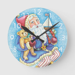 Horloge Ronde Joli Noël, Père Noël sur un boule de neige avec de