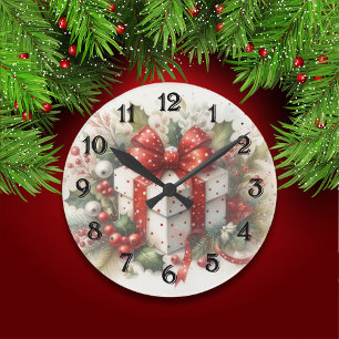 Horloge Ronde Joli Nœud Coquette Rouge et Blanc à Points et Houx