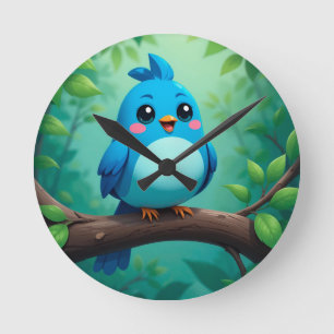 Horloge Ronde Joli Oiseau Bleu de Dessin Animé