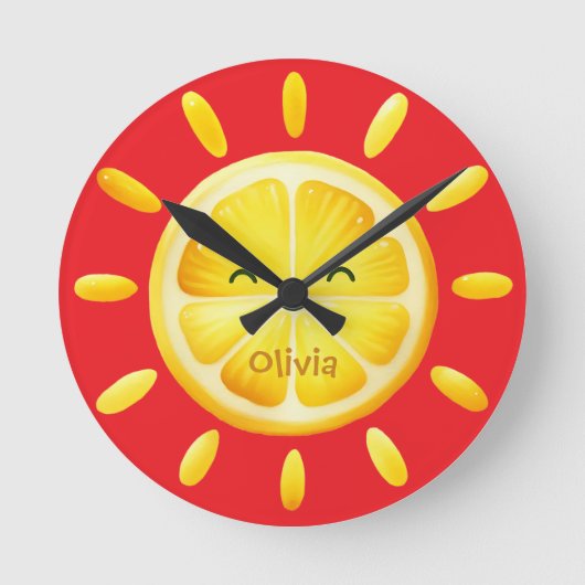 Horloge Ronde Joli Soleil Citron et Rayons de Soleil (Recto)