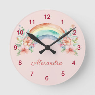 Horloge Ronde Jolie aquarelle Fleurs et arc-en-ciel