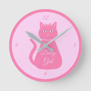 Horloge Ronde Jolie Fille Bébé Chat Rose Personnalisé Nurserie