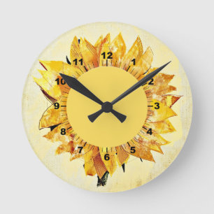 Horloge Ronde Jolie fille Fleurs de soleil modernes Jaune