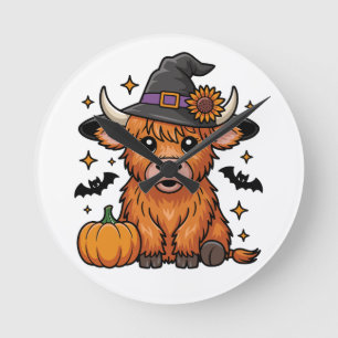 Horloge Ronde Jolie sorcière de vache Highland avec Halloween Ci