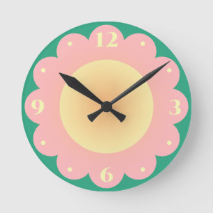 Horloge Ronde Jolies Filles Fleurs de Dessin Animé Rose Jaune