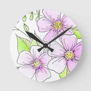 Horloge Ronde Jolies Fleurs Aquarelles Violettes
