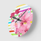 Horloge Ronde Jolies Fleurs Et Rayures Roses (Angle)