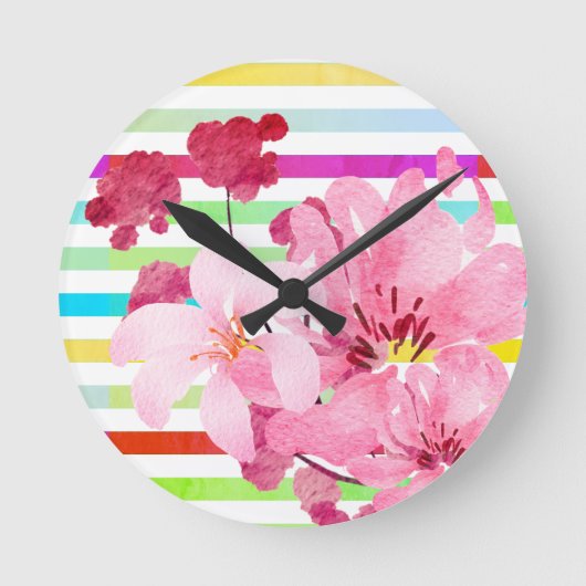 Horloge Ronde Jolies Fleurs Et Rayures Roses (Recto)