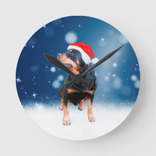 Horloge Ronde Jote Rottweiler Chien Noël Santa Hat Étoiles de ne