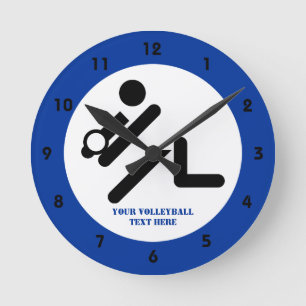 Horloge Ronde Joueur de volley-ball noir, blanc, bleu icon custo