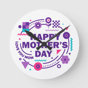 Horloge Ronde Joyeuse Fête des Mères Rétro Style Je t'aime Maman