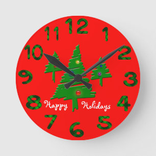 Horloge Ronde Joyeuses fêtes Arbres de Noël numérotés
