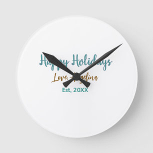Horloge Ronde joyeuses fêtes bleu marron nom amour noël style
