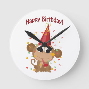 Horloge Ronde Joyeux Anniversaire ! Singe aux confettis