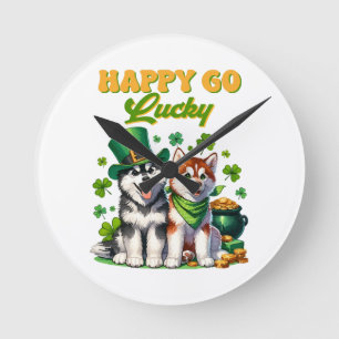 Horloge Ronde Joyeux Go Lucky Cute Husky St. Patricks Day