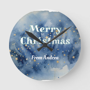 Horloge Ronde joyeux noël bleu blanc étoiles aquarelle jaune