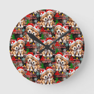 Horloge Ronde Joyeux Noël Chapeau de Père Noël Chien Design - No