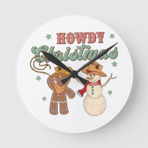 Horloge Ronde Joyeux Noël Cow-boy Groovy Bonhomme de Neige Weste